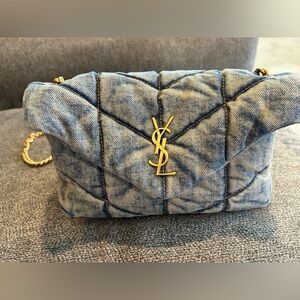 (SOLD)Authentic SAINT LAURENT 
Denim Quilted Toy Loulou Puffer Monogram Satchel